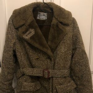 Oasis Olive Brown Teddy Jacket with Belt Davis of Boston green Cottage core